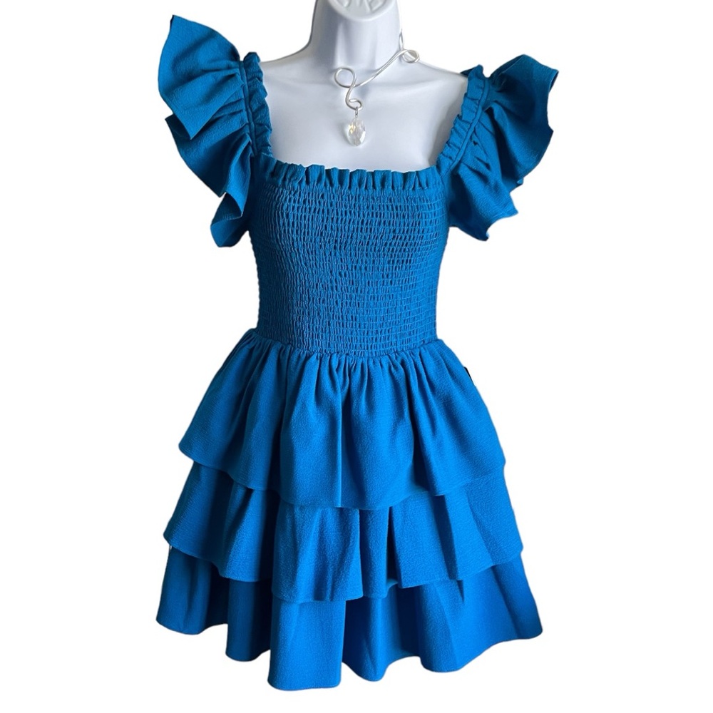 NWT Express Smocked Ruffle Off The Shoulder Dress- Size XS, Blue/Teal